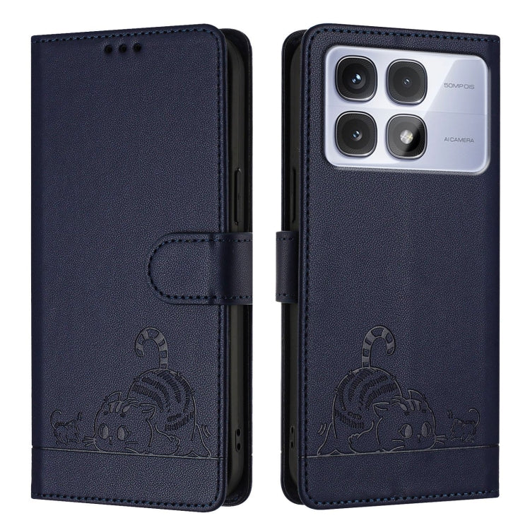 For Redmi K70 Ultra 5G Global Cat Rat Embossed Pattern RFID Leather Phone Case with Lanyard(Blue)