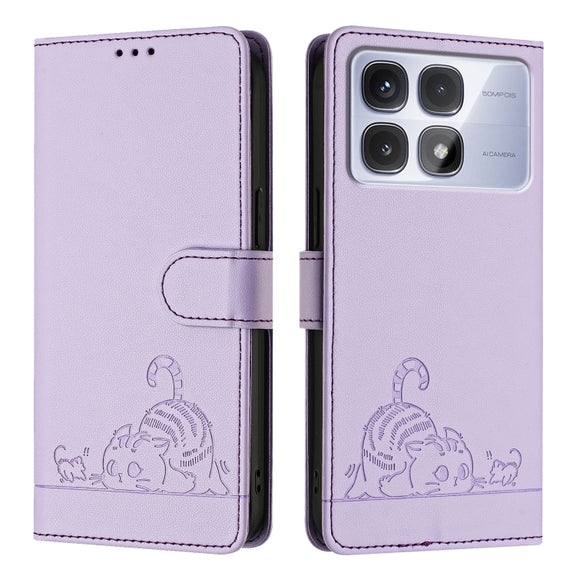 For Redmi K70 Ultra 5G Global Cat Rat Embossed Pattern RFID Leather Phone Case with Lanyard(Purple)