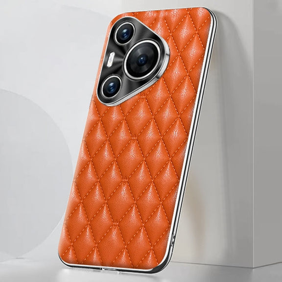 For Huawei Pura 70 Silver Edge Rhombic Texture PU Leather Phone Case(Orange)