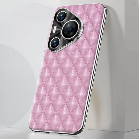 For Huawei Pura 70 Silver Edge Rhombic Texture PU Leather Phone Case(Pink)
