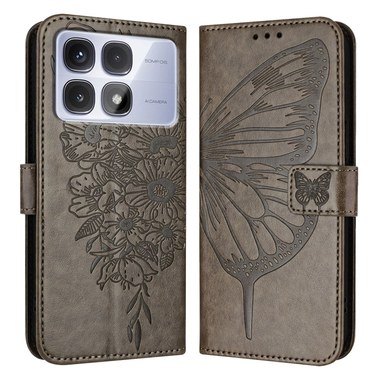 For Redmi K70 Ultra 5G Global Embossed Butterfly Leather Phone Case(Grey)