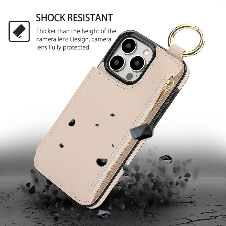 For iPhone 16 Pro Max RFlD Anti-theft Double Buckle Ring Zipper Card Phone Case(White)