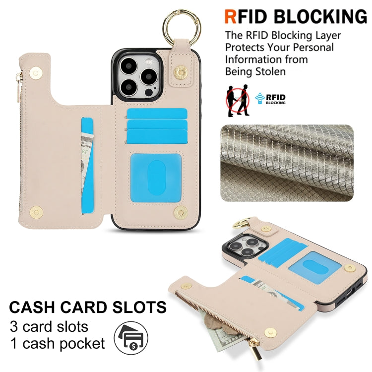 For iPhone 16 Pro Max RFlD Anti-theft Double Buckle Ring Zipper Card Phone Case(White)