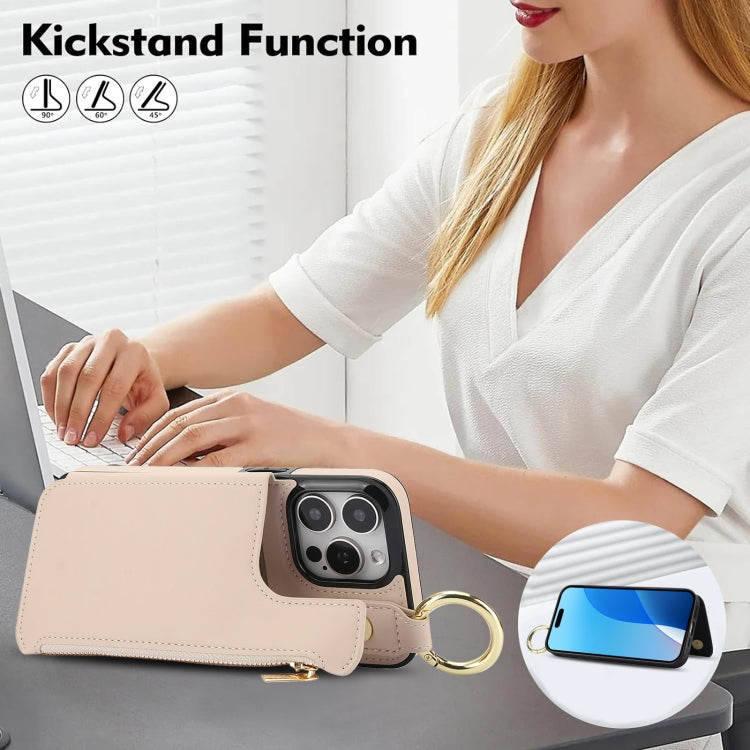 For iPhone 16 Pro Max RFlD Anti-theft Double Buckle Ring Zipper Card Phone Case(White)