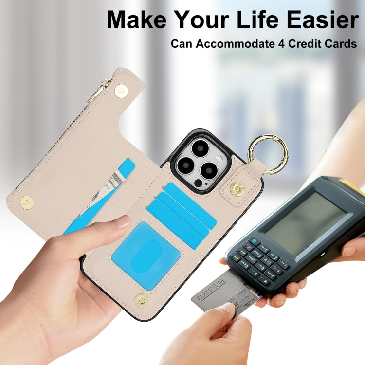 For iPhone 16 Pro Max RFlD Anti-theft Double Buckle Ring Zipper Card Phone Case(White)