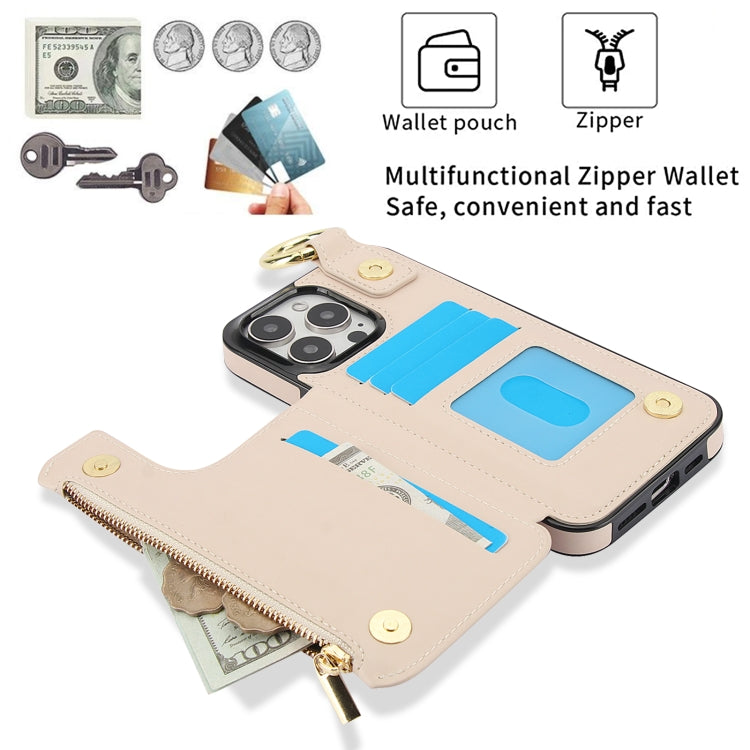 For iPhone 16 Pro Max RFlD Anti-theft Double Buckle Ring Zipper Card Phone Case(White)