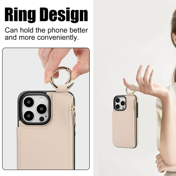 For iPhone 16 Pro Max RFlD Anti-theft Double Buckle Ring Zipper Card Phone Case(White)