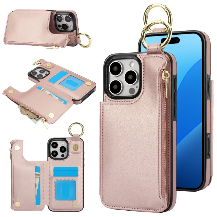For iPhone 16 Pro RFlD Anti-theft Double Buckle Ring Zipper Card Phone Case(Rose Gold)