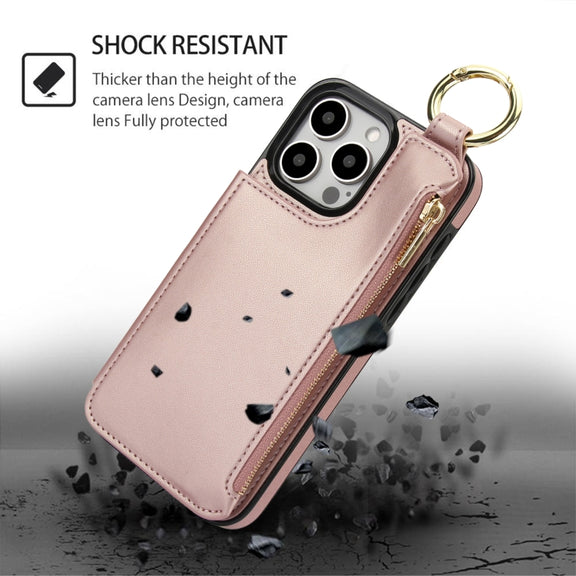 For iPhone 16 Pro RFlD Anti-theft Double Buckle Ring Zipper Card Phone Case(Rose Gold)