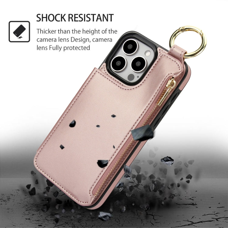 For iPhone 16 Pro RFlD Anti-theft Double Buckle Ring Zipper Card Phone Case(Rose Gold)