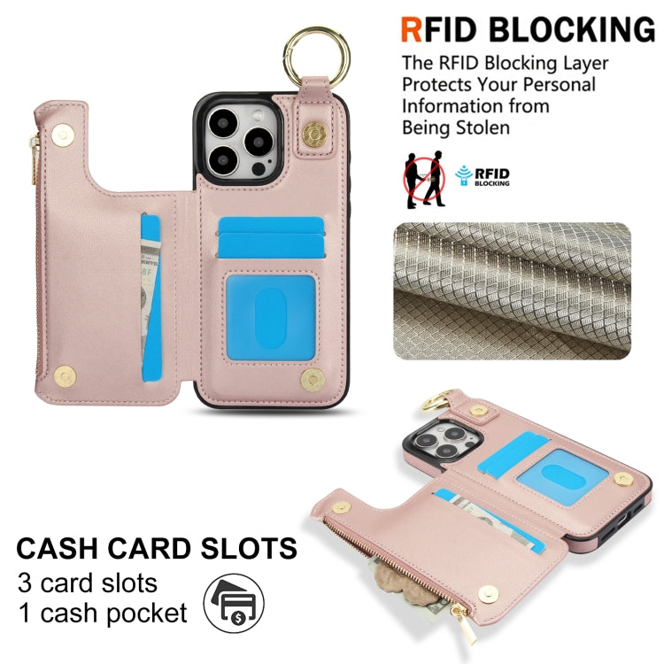 For iPhone 16 Pro RFlD Anti-theft Double Buckle Ring Zipper Card Phone Case(Rose Gold)