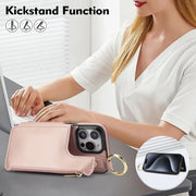 For iPhone 16 Pro RFlD Anti-theft Double Buckle Ring Zipper Card Phone Case(Rose Gold)