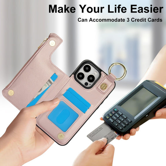 For iPhone 16 Pro RFlD Anti-theft Double Buckle Ring Zipper Card Phone Case(Rose Gold)