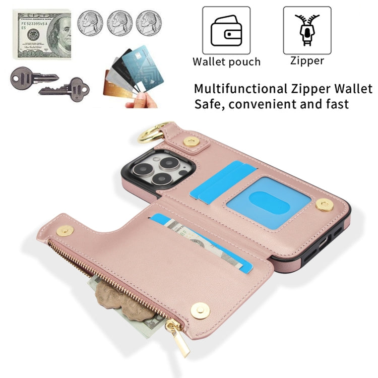 For iPhone 16 Pro RFlD Anti-theft Double Buckle Ring Zipper Card Phone Case(Rose Gold)