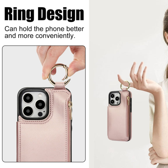 For iPhone 16 Pro RFlD Anti-theft Double Buckle Ring Zipper Card Phone Case(Rose Gold)