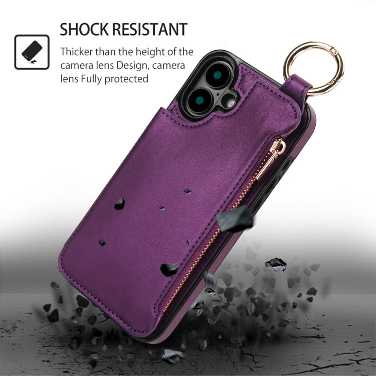 For iPhone 16 Plus RFlD Anti-theft Double Buckle Ring Zipper Card Phone Case(Dark Purple)