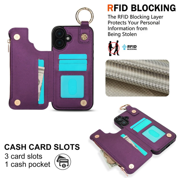 For iPhone 16 Plus RFlD Anti-theft Double Buckle Ring Zipper Card Phone Case(Dark Purple)