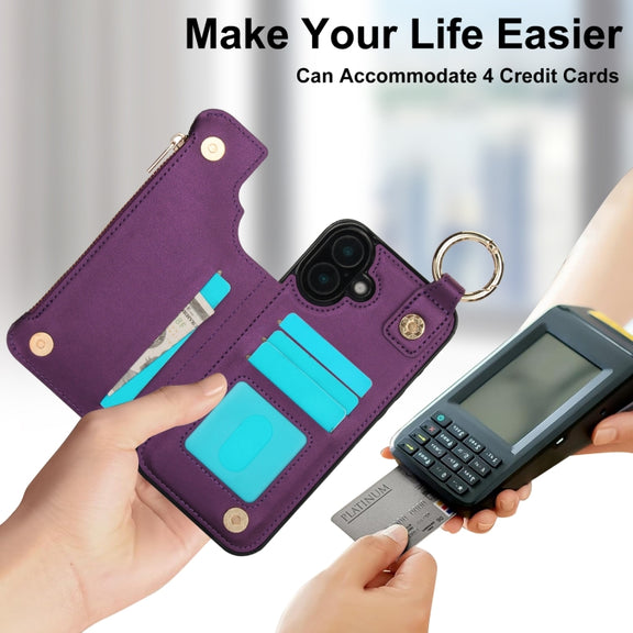 For iPhone 16 Plus RFlD Anti-theft Double Buckle Ring Zipper Card Phone Case(Dark Purple)