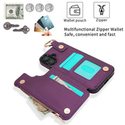 For iPhone 16 Plus RFlD Anti-theft Double Buckle Ring Zipper Card Phone Case(Dark Purple)