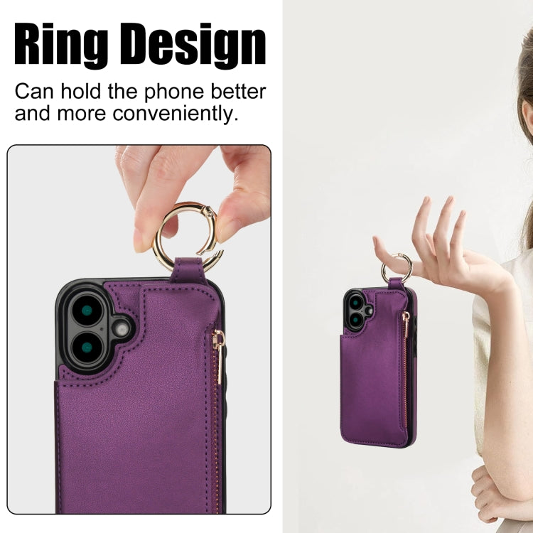 For iPhone 16 Plus RFlD Anti-theft Double Buckle Ring Zipper Card Phone Case(Dark Purple)