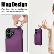 For iPhone 16 Plus RFlD Anti-theft Double Buckle Ring Zipper Card Phone Case(Dark Purple)