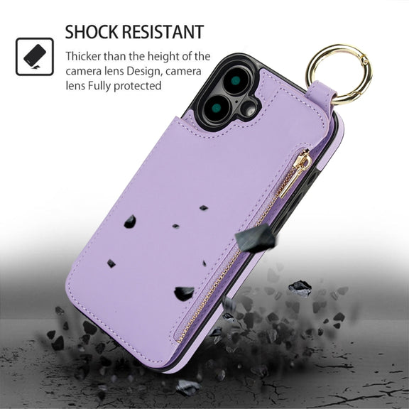 For iPhone 16 RFlD Anti-theft Double Buckle Ring Zipper Card Phone Case(Purple)