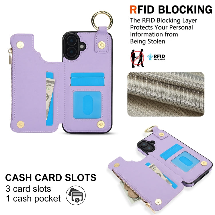 For iPhone 16 RFlD Anti-theft Double Buckle Ring Zipper Card Phone Case(Purple)