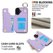 For iPhone 16 RFlD Anti-theft Double Buckle Ring Zipper Card Phone Case(Purple)