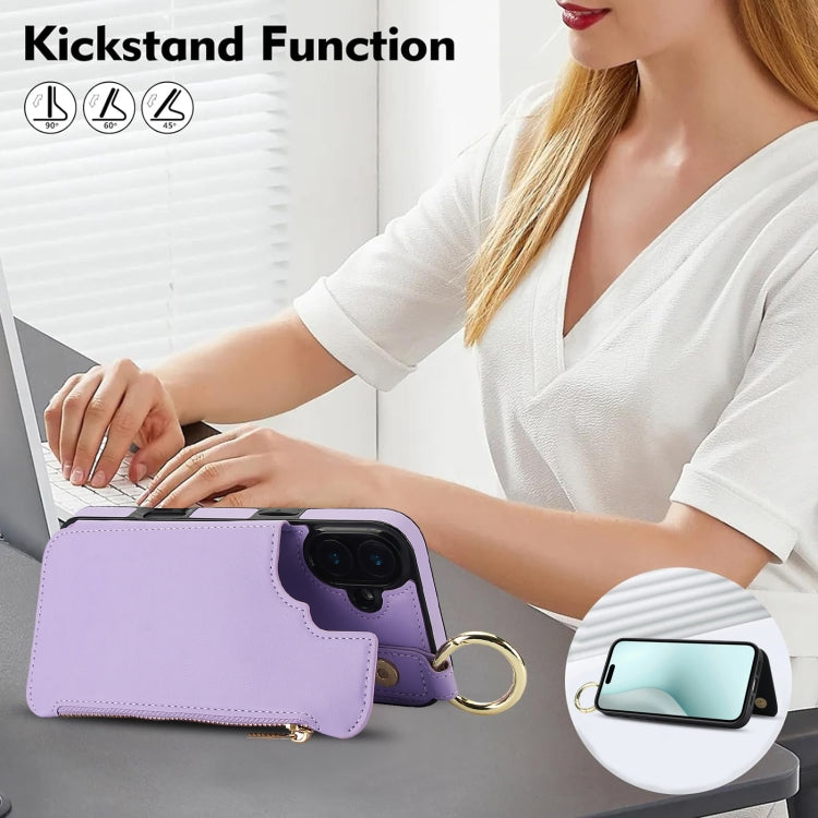 For iPhone 16 RFlD Anti-theft Double Buckle Ring Zipper Card Phone Case(Purple)