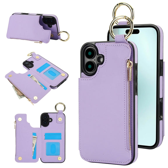 For iPhone 16 RFlD Anti-theft Double Buckle Ring Zipper Card Phone Case(Purple)