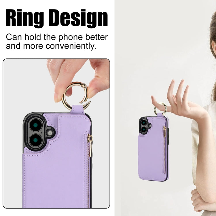 For iPhone 16 RFlD Anti-theft Double Buckle Ring Zipper Card Phone Case(Purple)