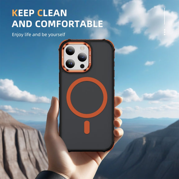 For iPhone 16 Pro Max Rainbow Series Skin Feel MagSafe Lens Holder Phone Case(Orange)