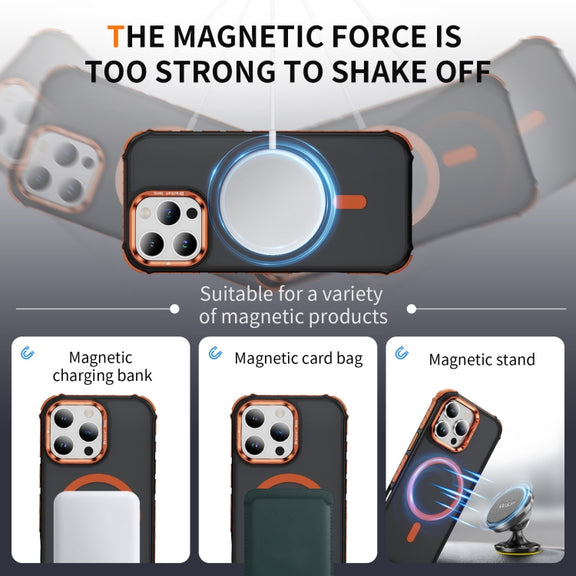For iPhone 16 Pro Max Rainbow Series Skin Feel MagSafe Lens Holder Phone Case(Orange)