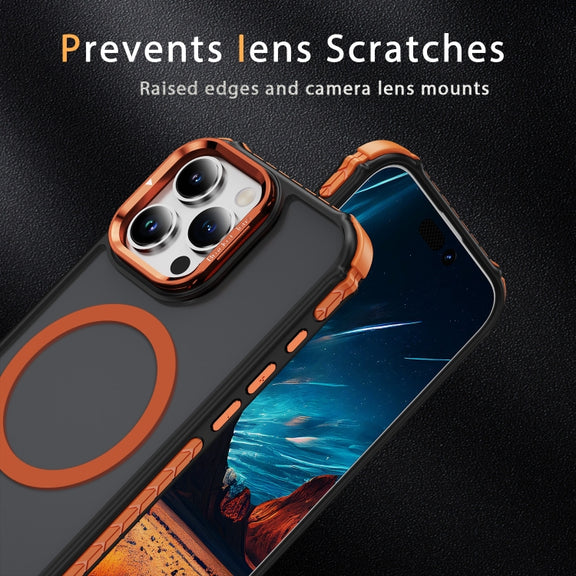 For iPhone 16 Pro Max Rainbow Series Skin Feel MagSafe Lens Holder Phone Case(Orange)