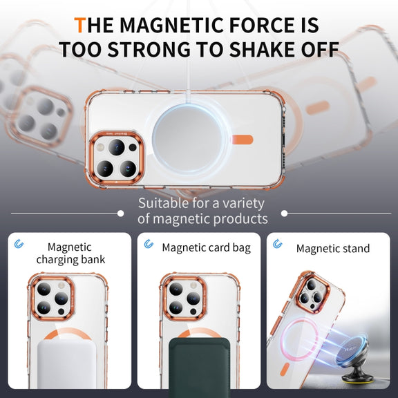 For iPhone 16 Pro Max Rainbow Series Transparent MagSafe Lens Holder Phone Case(Orange)
