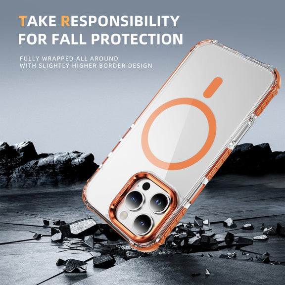 For iPhone 16 Pro Max Rainbow Series Transparent MagSafe Lens Holder Phone Case(Orange)