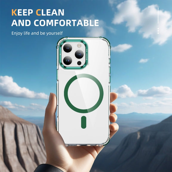 For iPhone 16 Pro Rainbow Series Transparent MagSafe Lens Holder Phone Case(Green)