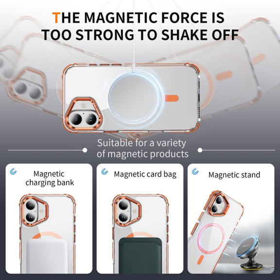 For iPhone 16 Plus Rainbow Series Transparent MagSafe Lens Holder Phone Case(Orange)