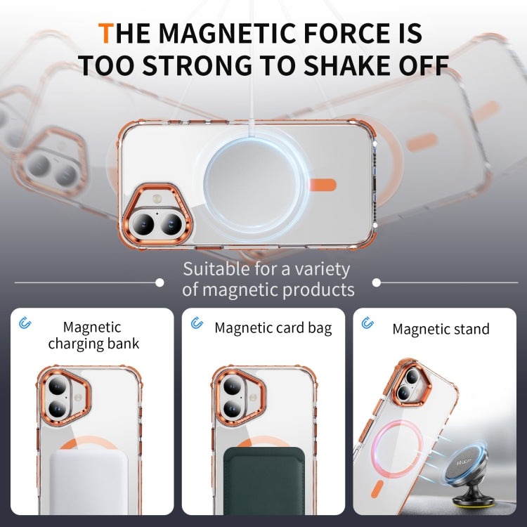 For iPhone 16 Plus Rainbow Series Transparent MagSafe Lens Holder Phone Case(Orange)