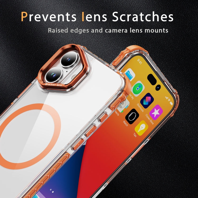 For iPhone 16 Plus Rainbow Series Transparent MagSafe Lens Holder Phone Case(Orange)