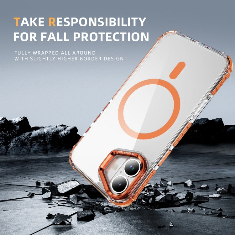 For iPhone 16 Plus Rainbow Series Transparent MagSafe Lens Holder Phone Case(Orange)