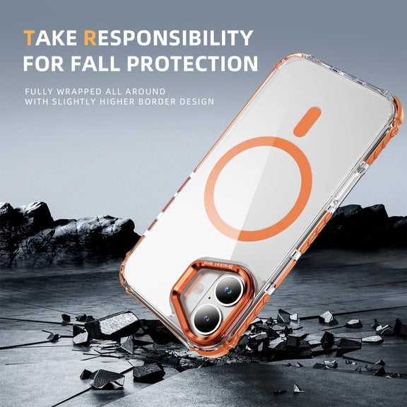 For iPhone 16 Plus Rainbow Series Transparent MagSafe Lens Holder Phone Case(Orange)