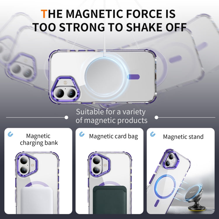 For iPhone 16 Rainbow Series Transparent MagSafe Lens Holder Phone Case(Purple)