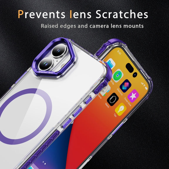 For iPhone 16 Rainbow Series Transparent MagSafe Lens Holder Phone Case(Purple)