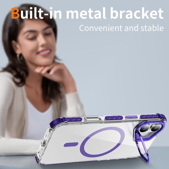 For iPhone 16 Rainbow Series Transparent MagSafe Lens Holder Phone Case(Purple)