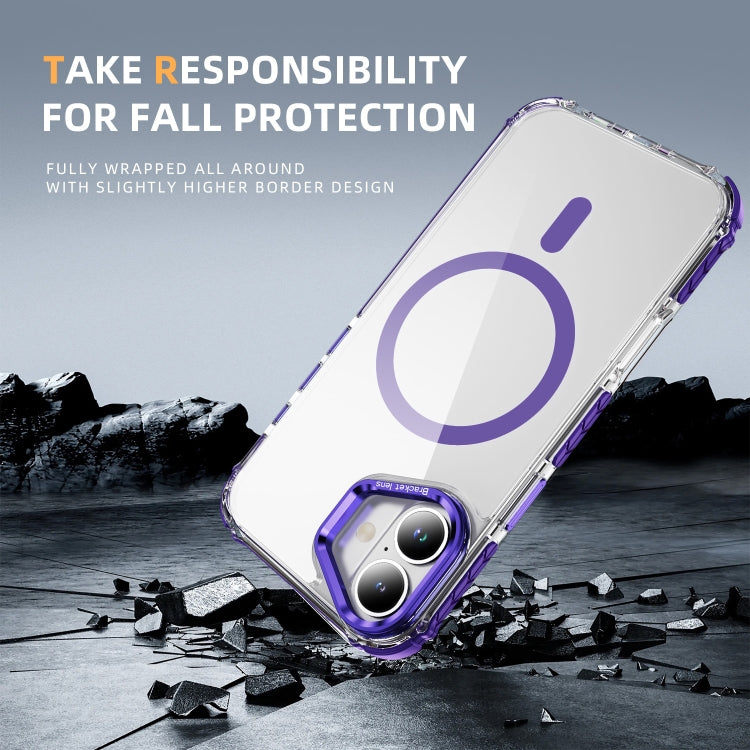 For iPhone 16 Rainbow Series Transparent MagSafe Lens Holder Phone Case(Purple)