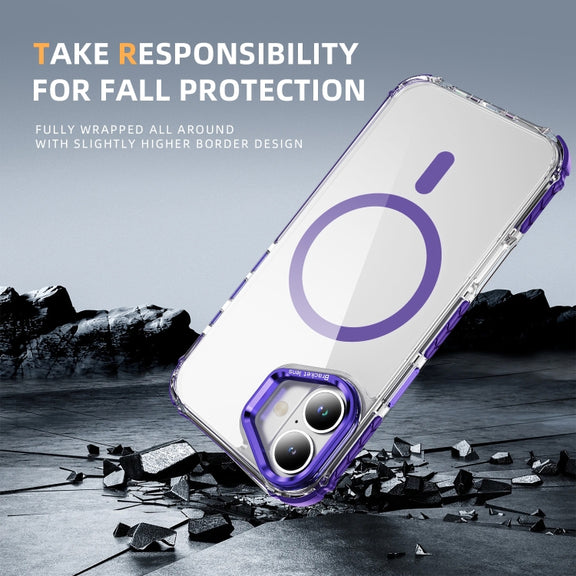 For iPhone 16 Rainbow Series Transparent MagSafe Lens Holder Phone Case(Purple)