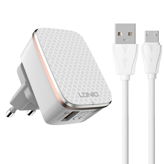LDNIO A1204Q QC3.0 18W USB Fast Charger with 1m USB to Micro USB Cable, Plug Type:EU Plug(White Gold)