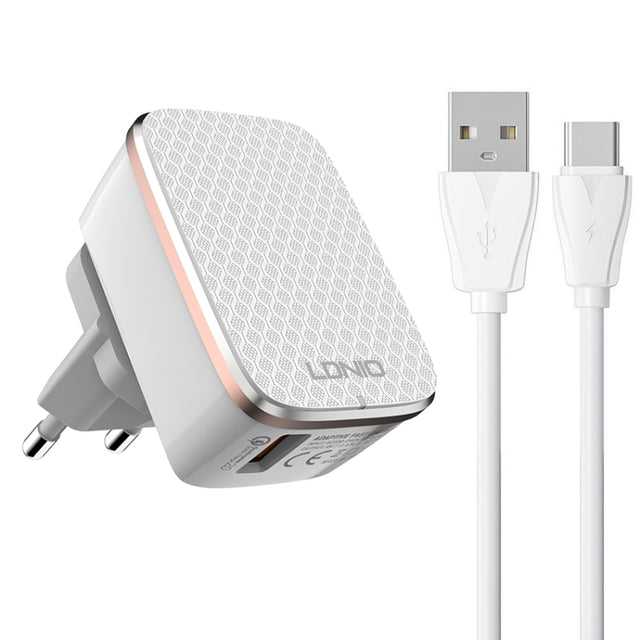 LDNIO A1204Q QC3.0 18W USB Fast Charger with 1m USB to USB-C / Type-C Cable, Plug Type:EU Plug(White Gold)