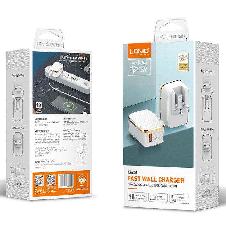 LDNIO A1204Q QC3.0 18W USB Fast Charger with 1m USB to USB-C / Type-C Cable, Plug Type:US Plug(White Gold)